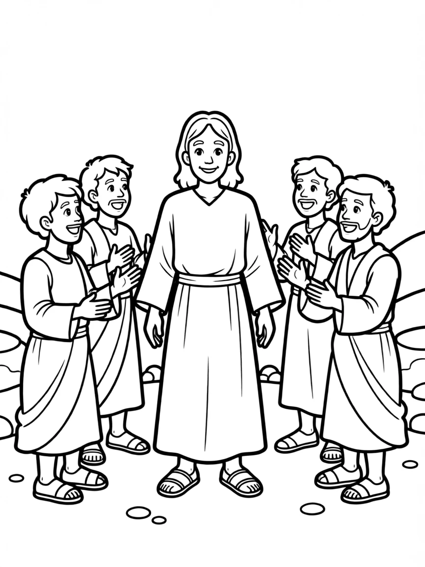 Jesus appearing to disciples, with joy on their faces.