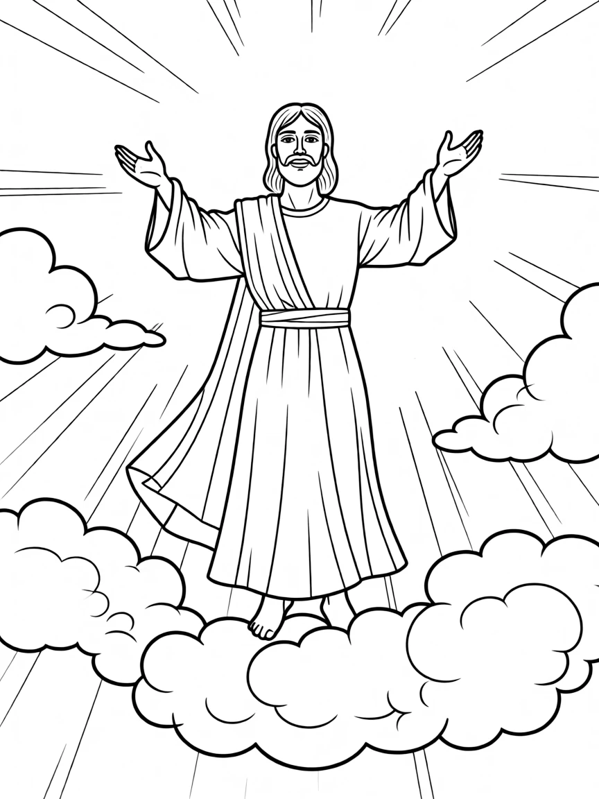 Jesus ascending to heaven, with bright clouds.