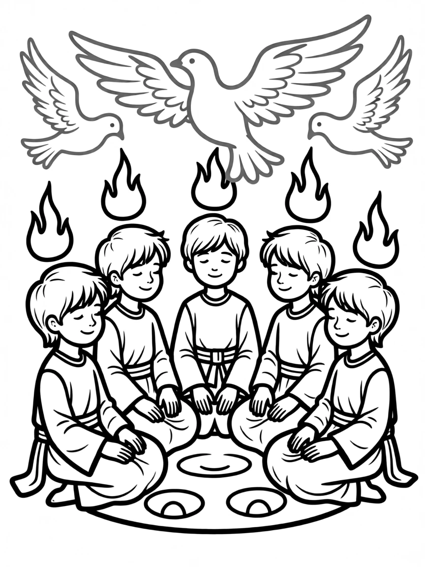 Holy Spirit at Pentecost, with colorful fire on heads.