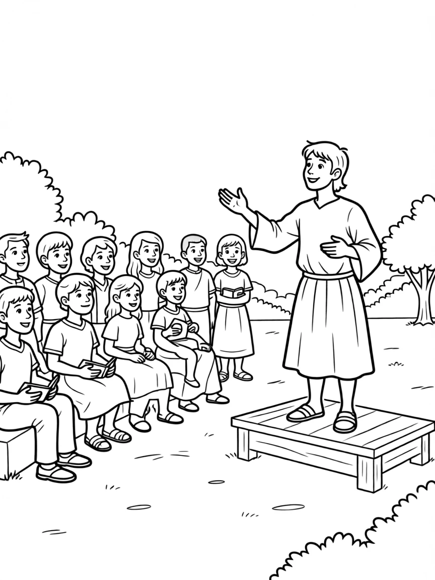 Peter preaching, with many people smiling and listening.