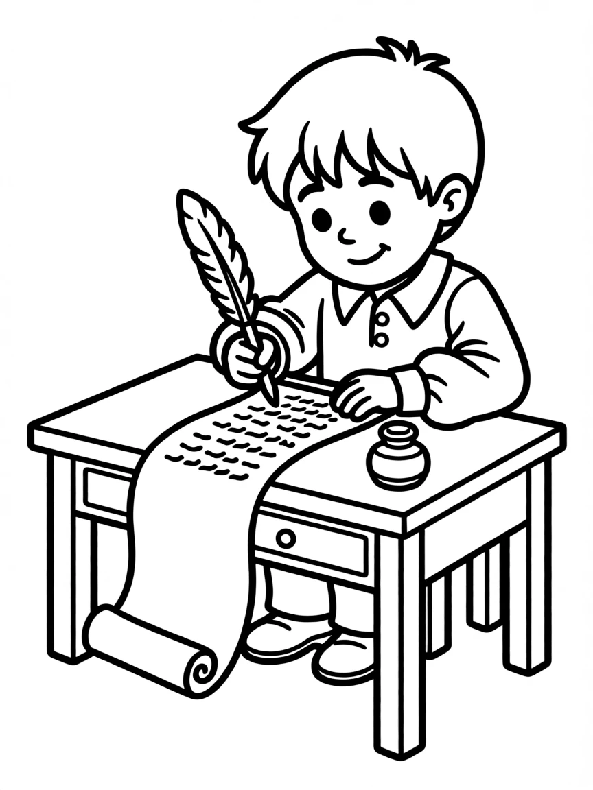 Paul writing letters, with a scroll and ink bottle.