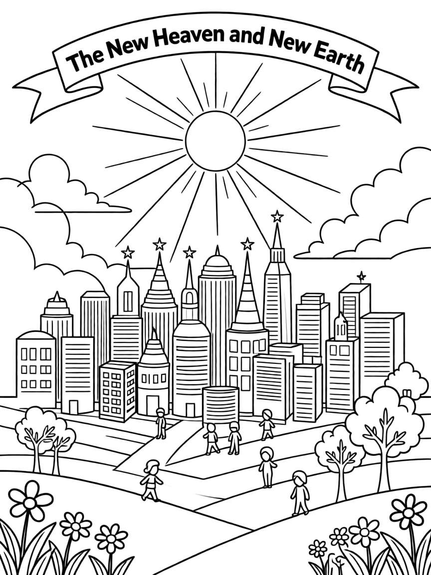 The New Heaven and New Earth, with a sparkling city.
