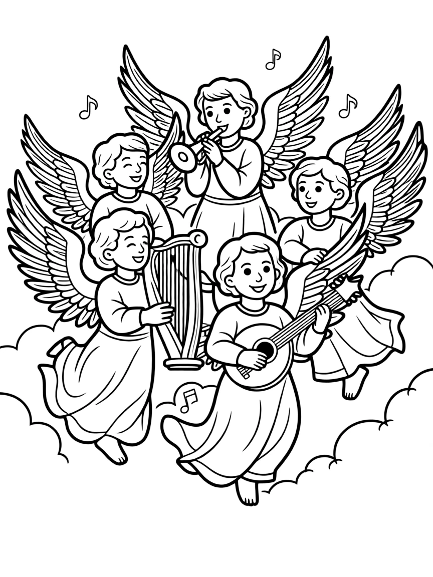 Angels singing praises, with instruments.