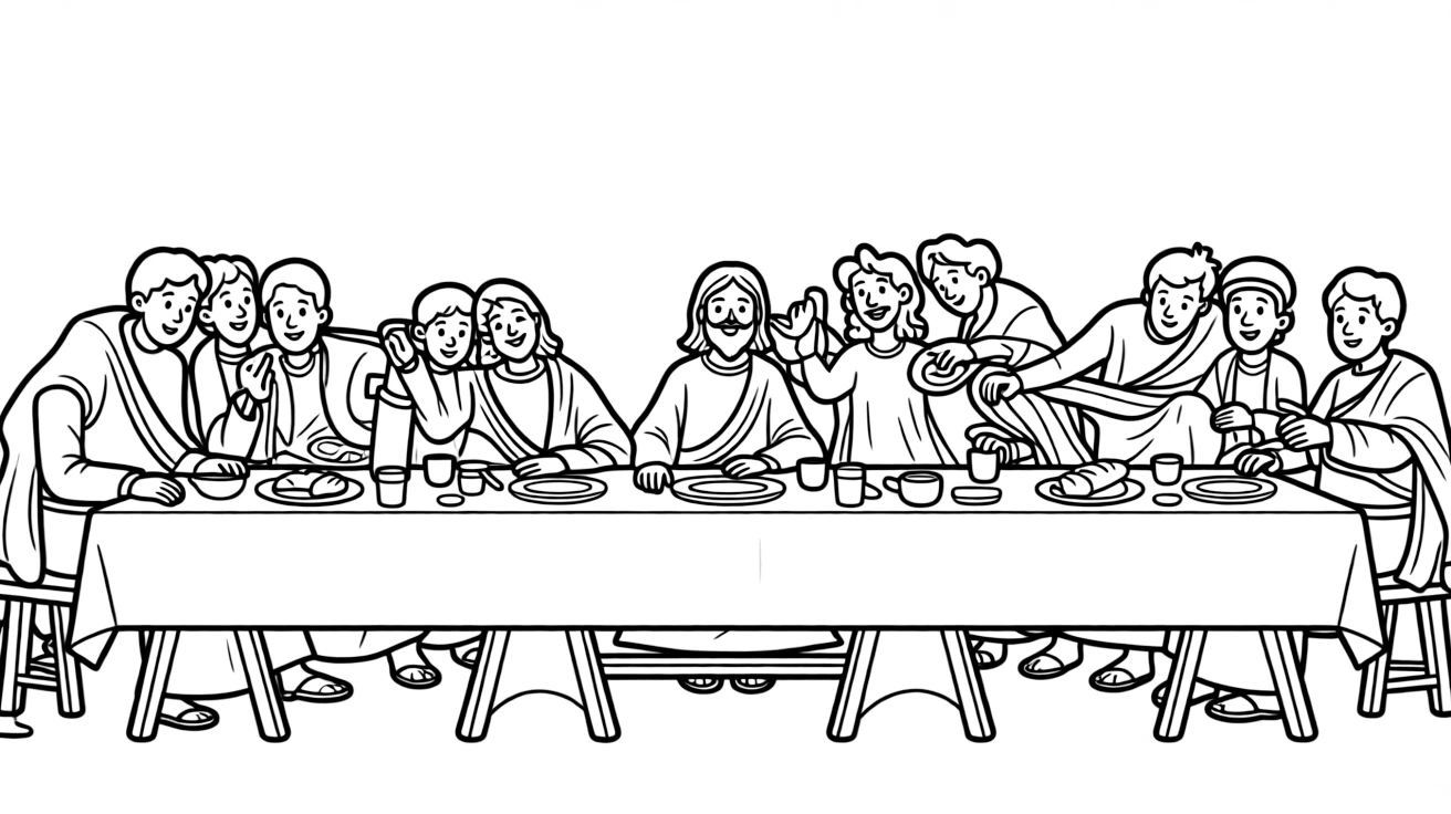 The Last Supper, with Jesus and his disciples sharing a meal.
