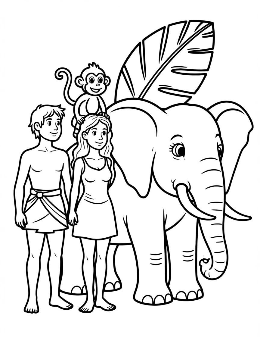 Adam and Eve with a playful monkey and a big elephant.