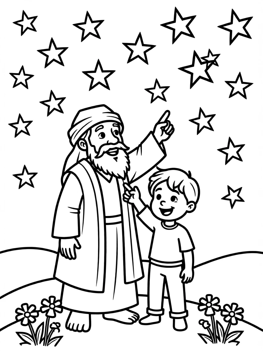 Abraham with a joyful Isaac, looking at the stars.