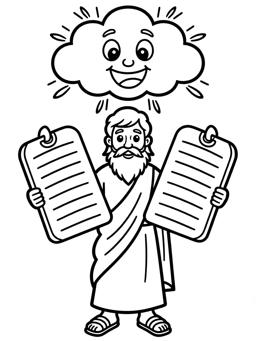 Moses holding the Ten Commandments, with a happy cloud.