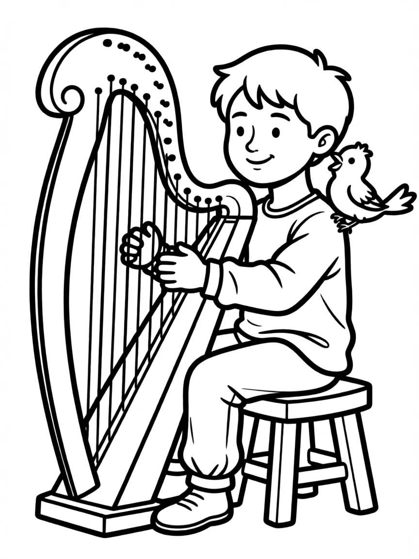 David playing his harp, with a singing bird on his shoulder.