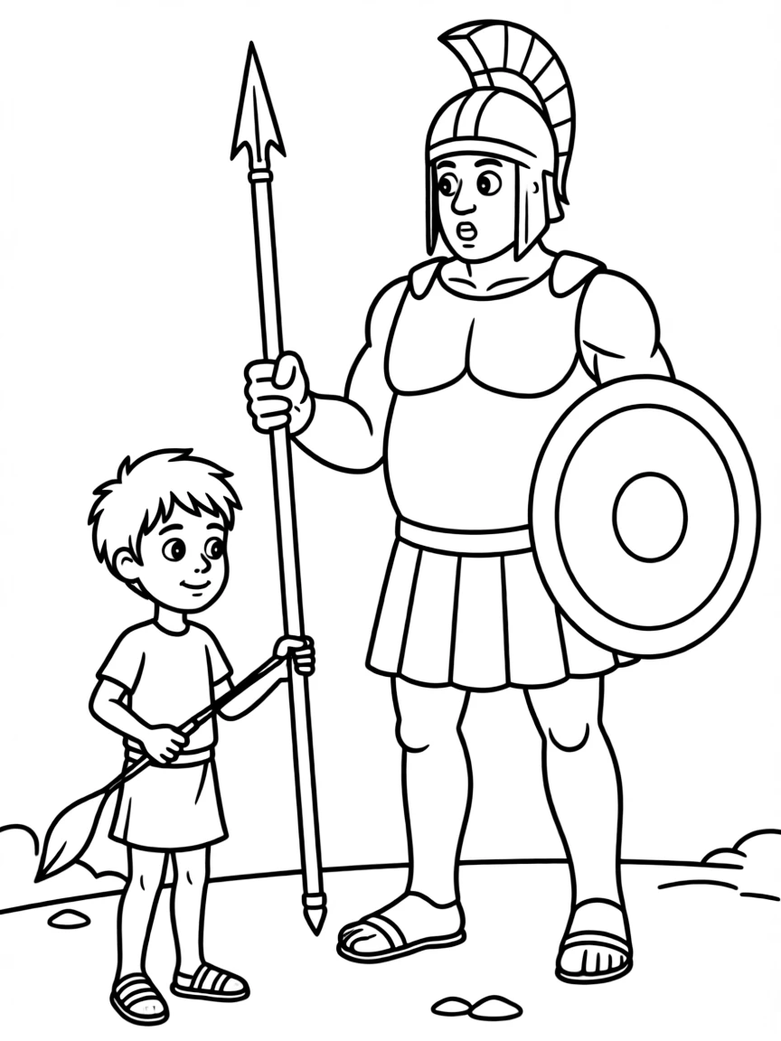 David and Goliath, with David looking small but brave.