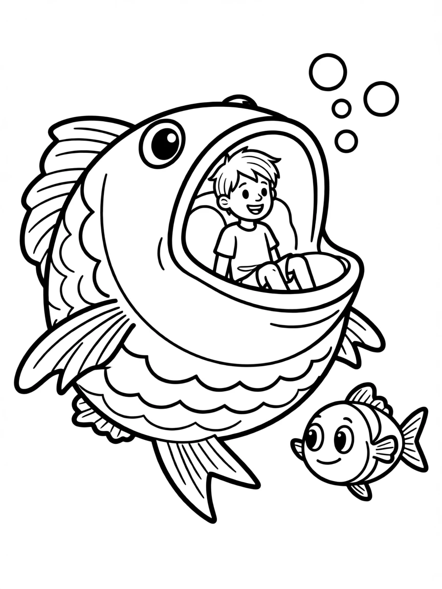 Jonah in the fish, with a little fish swimming by.