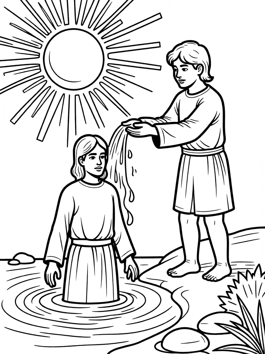 Jesus being baptized, with a bright sun overhead.