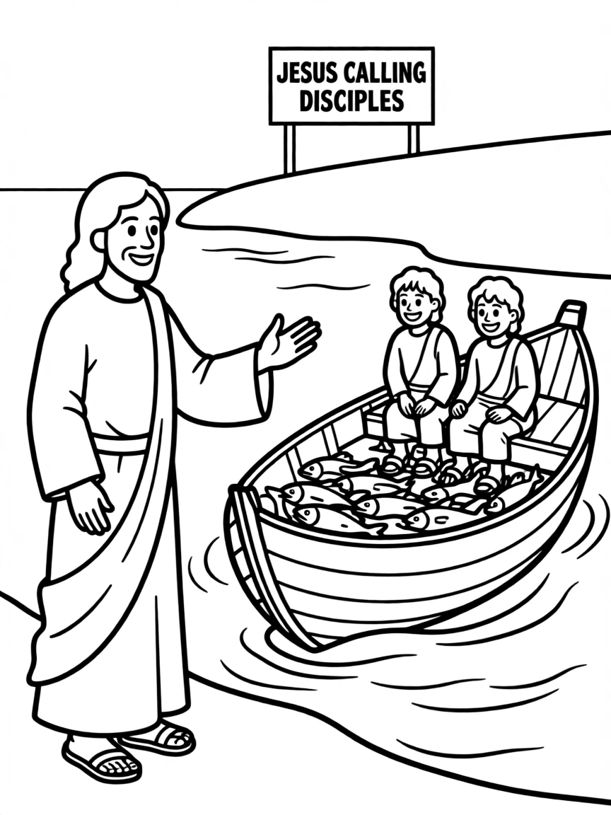 Jesus calling disciples, with a boat full of fish.
