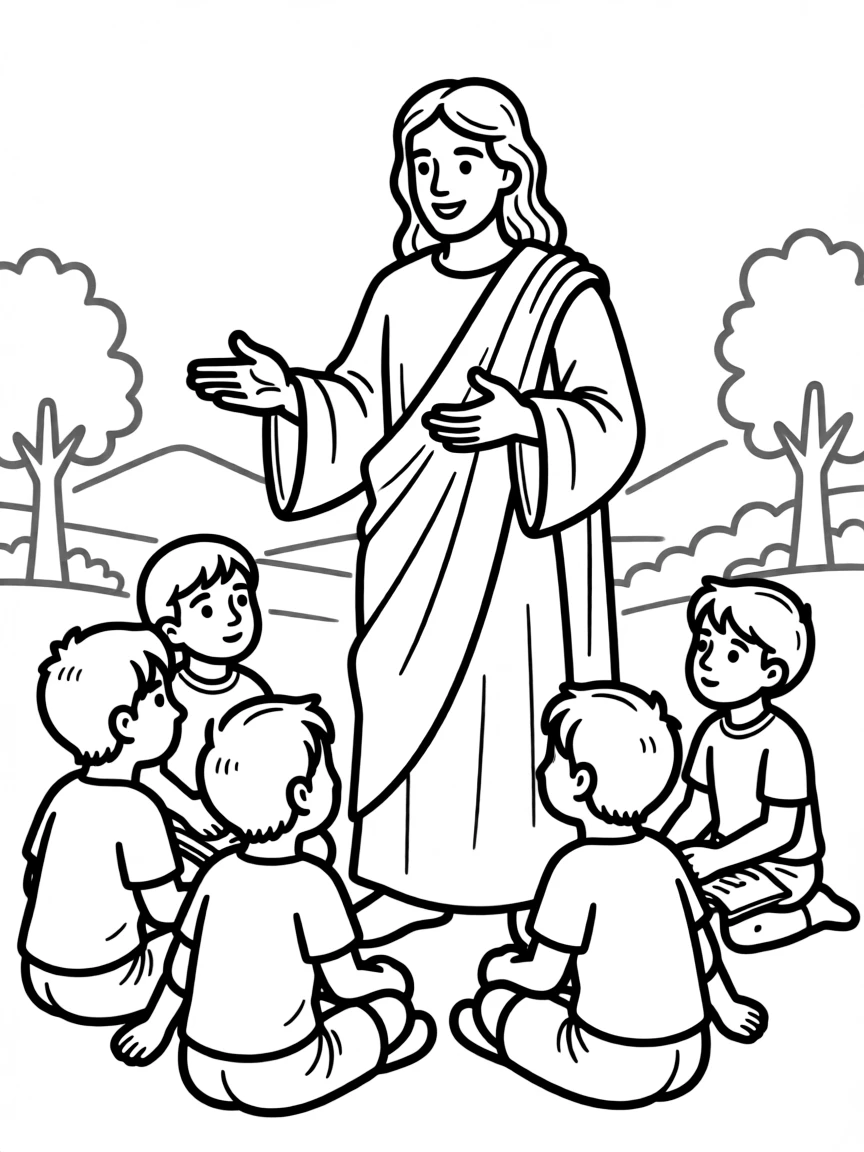 Jesus teaching, with hands gesturing gently.