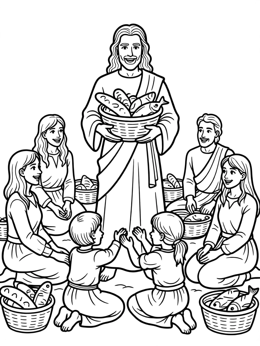 Jesus feeding thousands, with happy families eating.