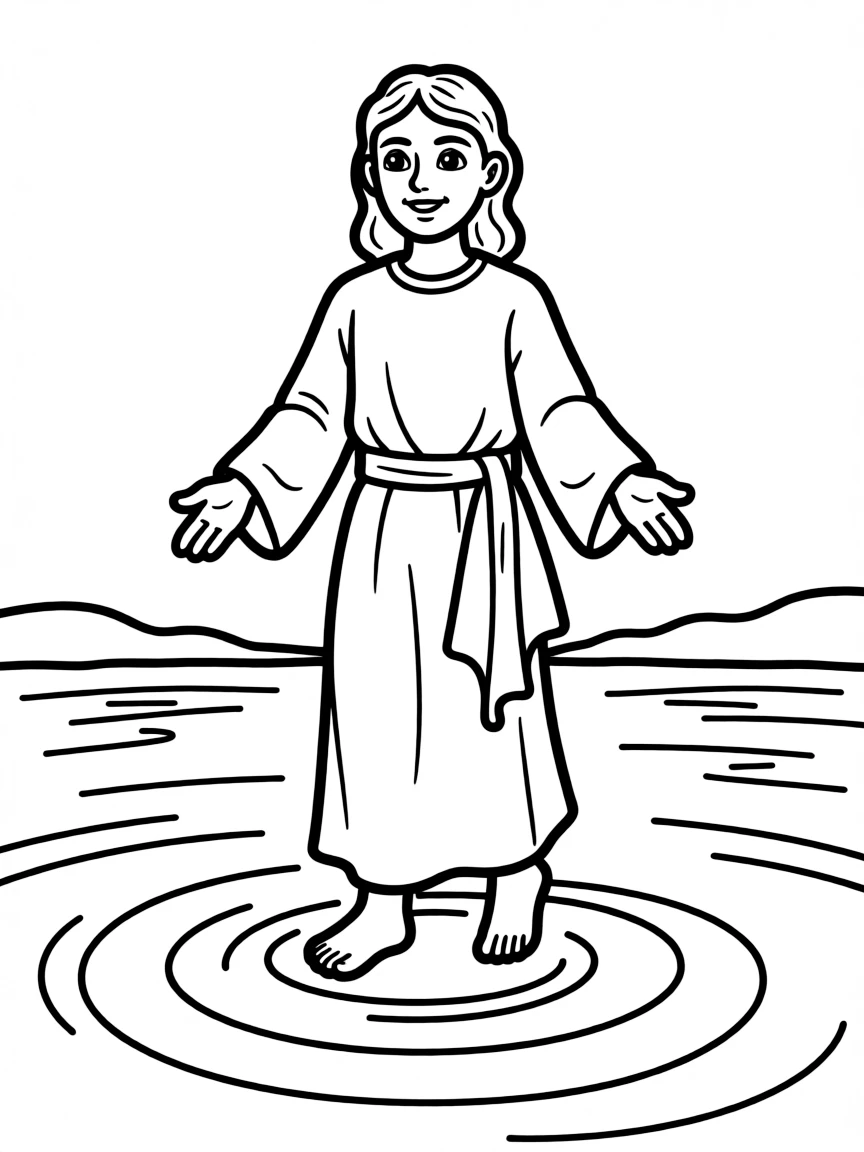 Jesus walking on water, with calm ripples.