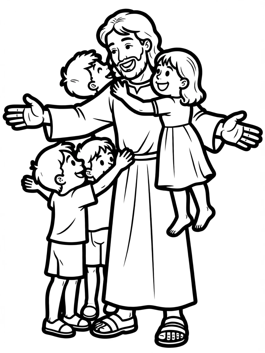 Jesus welcoming children, with a big hug.