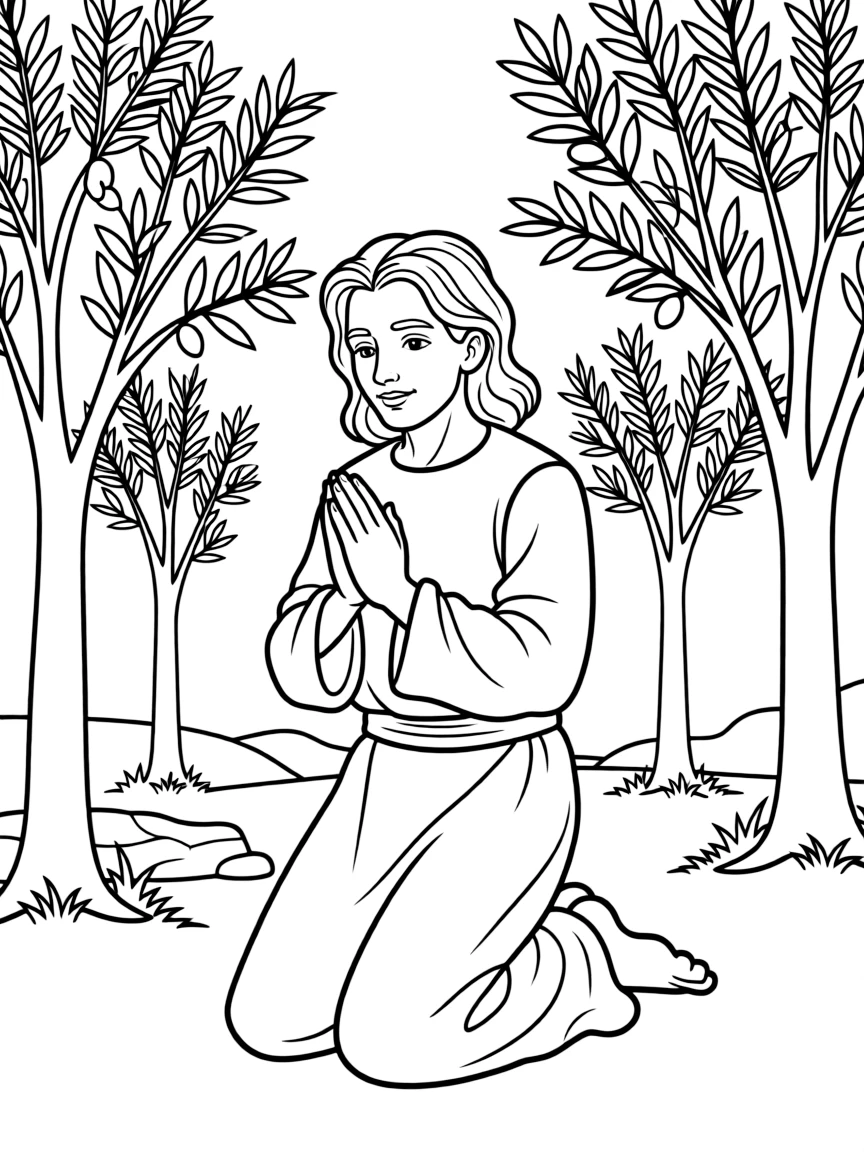 Jesus praying in the garden, with hands clasped.