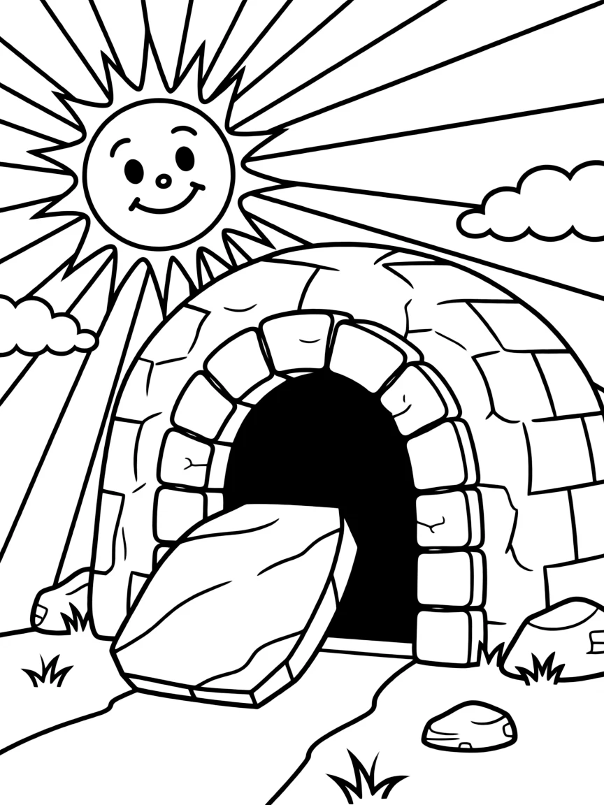 The empty tomb, with the sun shining brightly.