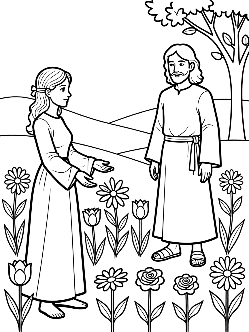 Mary Magdalene seeing Jesus, with flowers blooming.