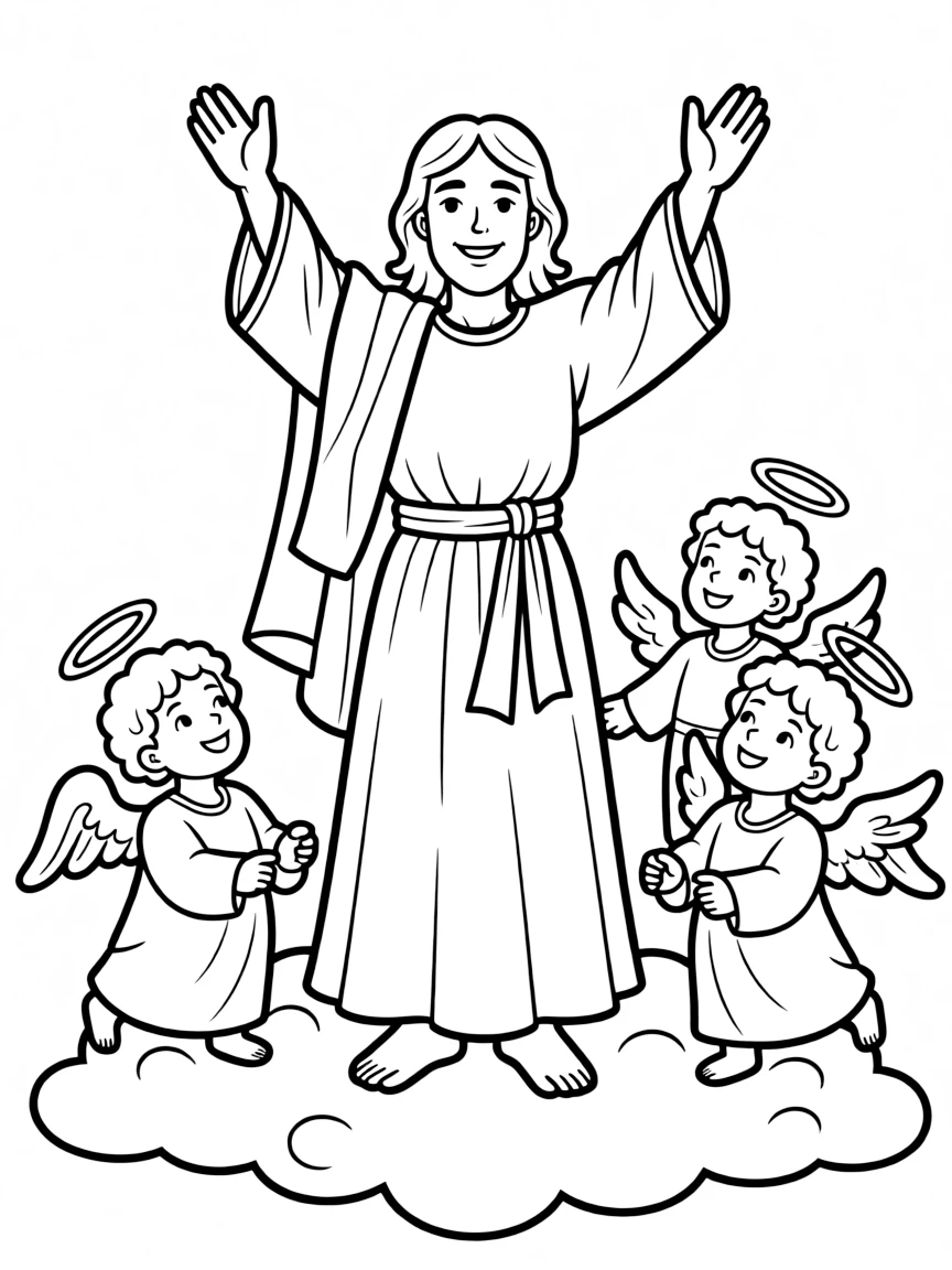 Jesus ascending, with happy angels looking on.