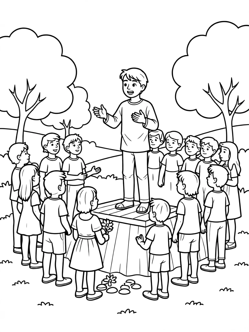 Peter preaching, with a crowd listening intently.