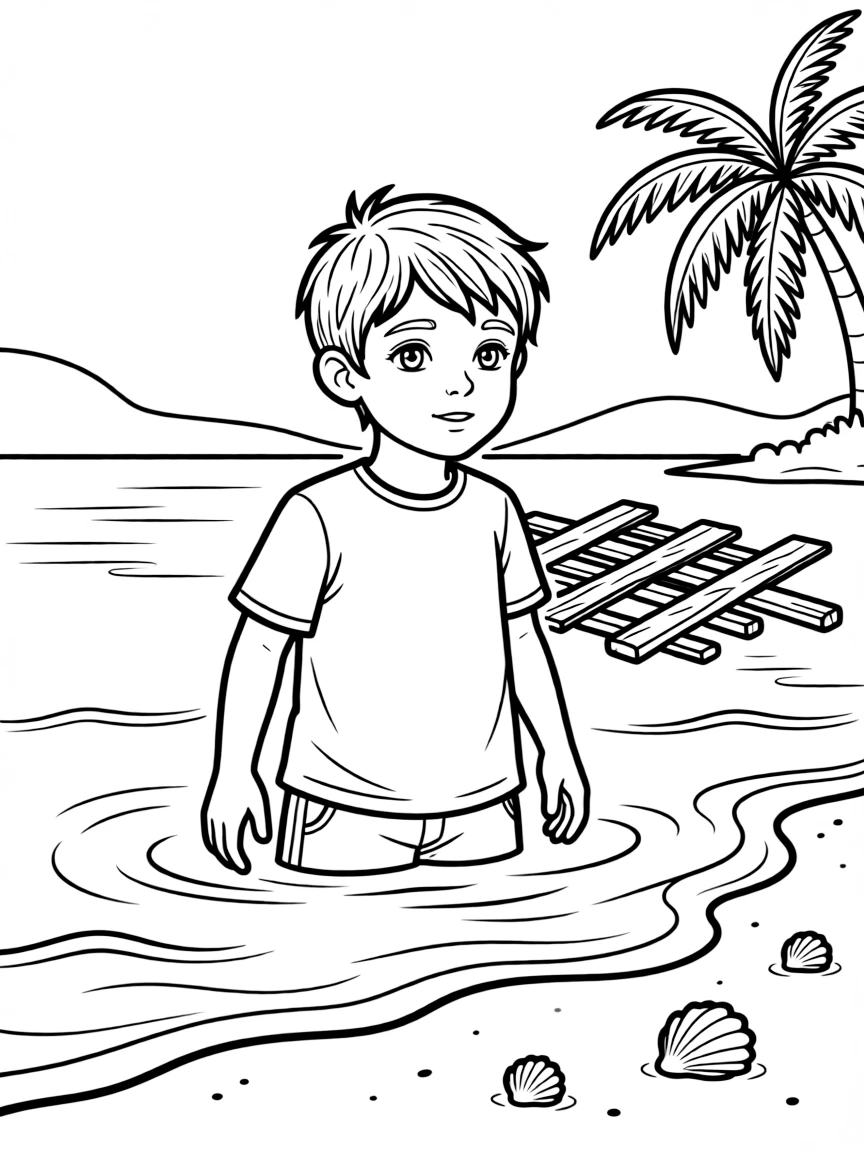 Paul shipwrecked, with clear blue water.