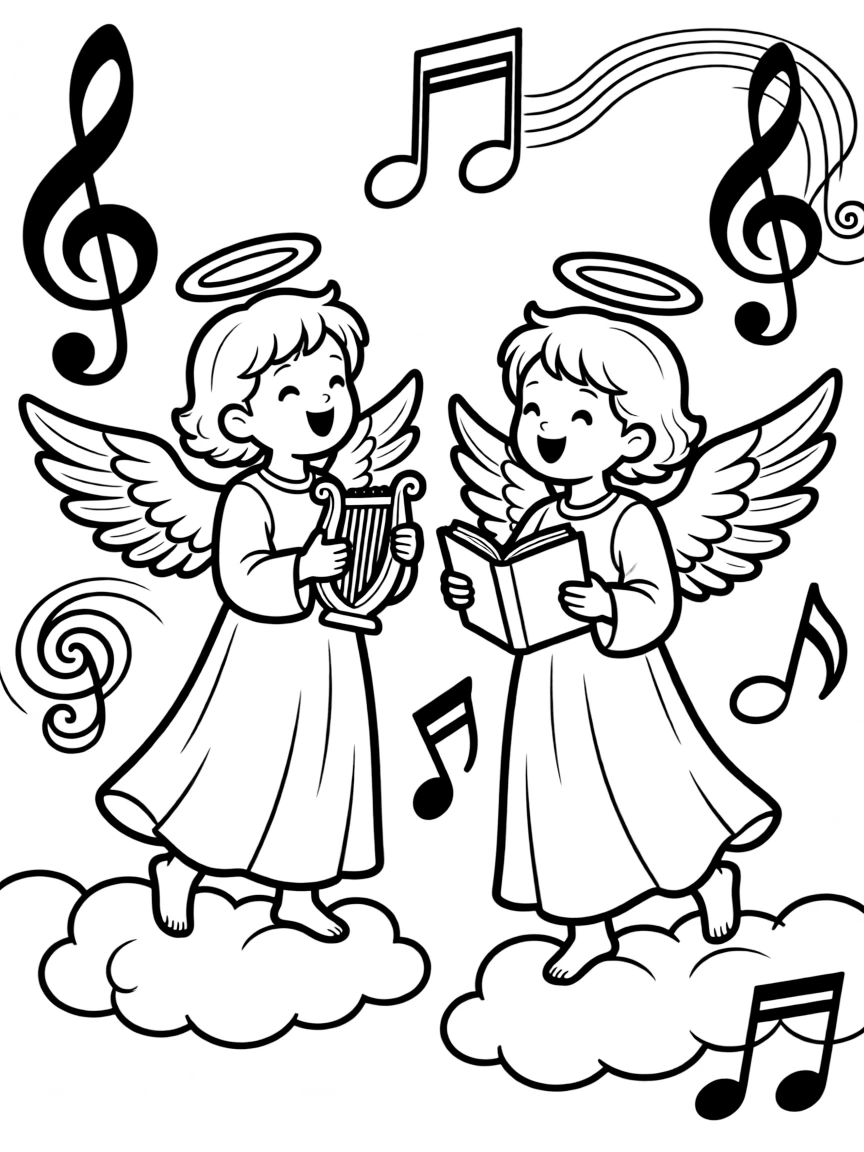 Angels singing, with beautiful music notes.