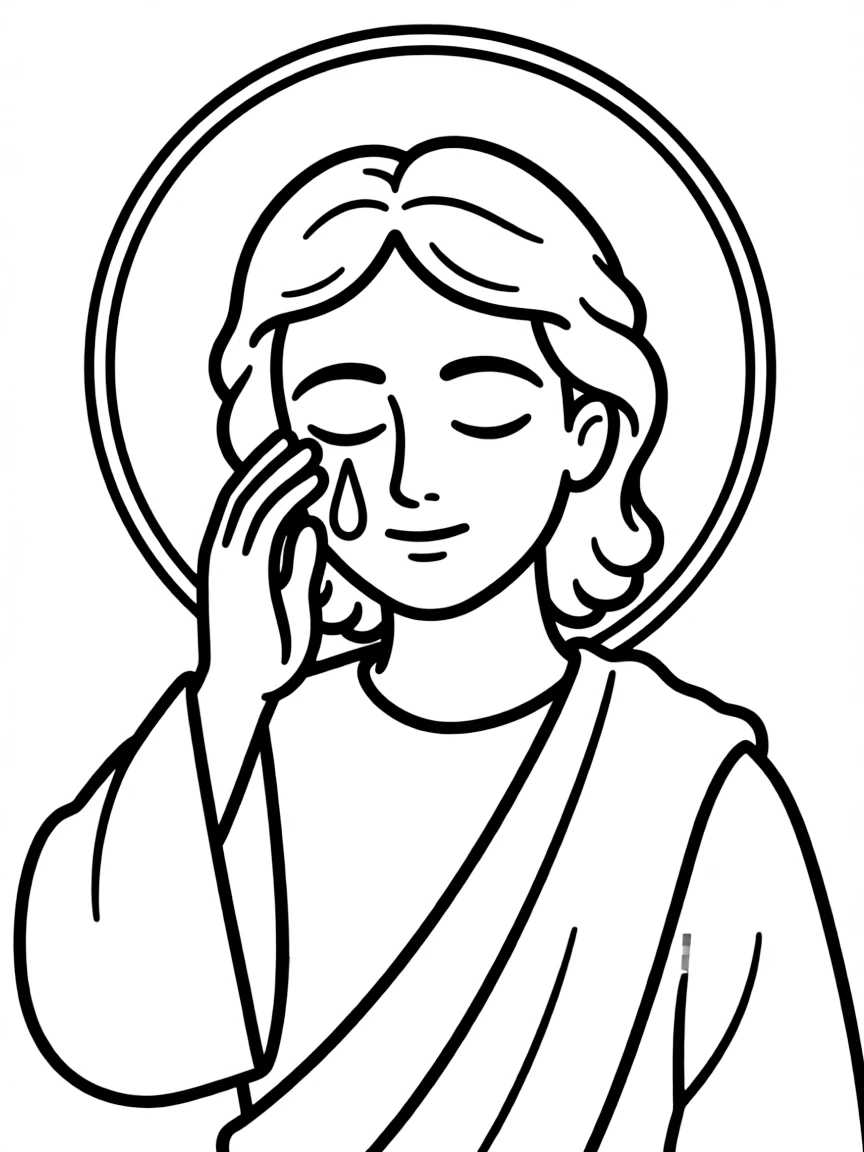 God wiping away tears, with peaceful faces.
