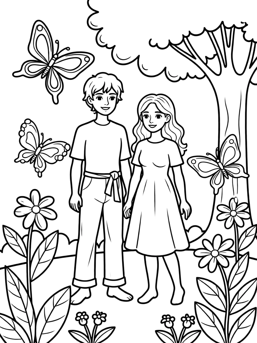 Adam and Eve in the garden, with colorful butterflies.