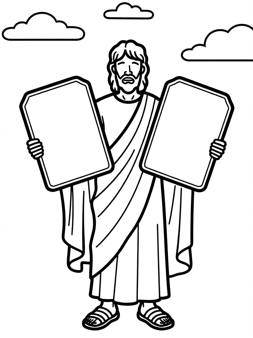 Moses holding the Ten Commandments, with a peaceful sky.
