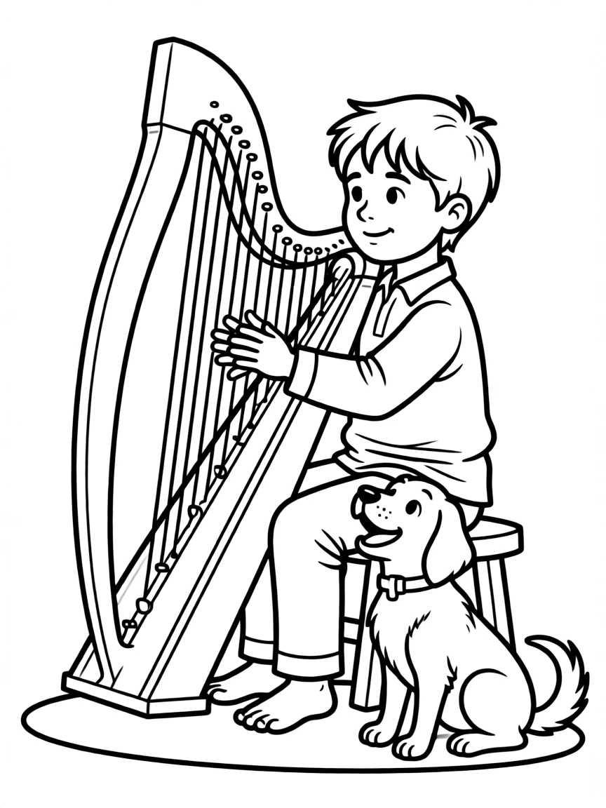 David playing his harp, with a happy dog.