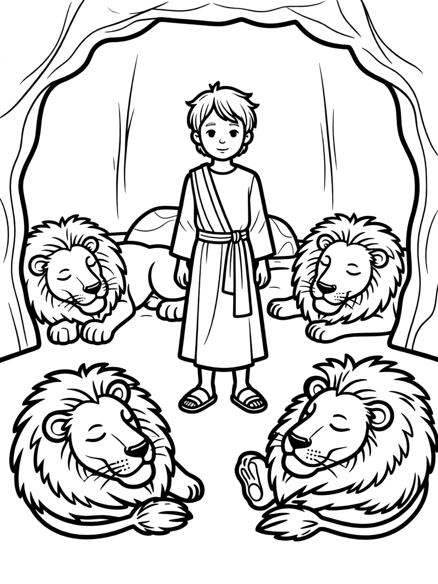 Daniel in the lion's den, with lions asleep.