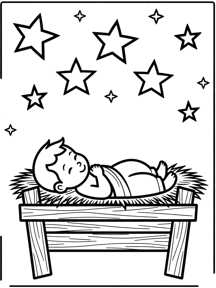 Baby Jesus in the manger, with twinkling stars.