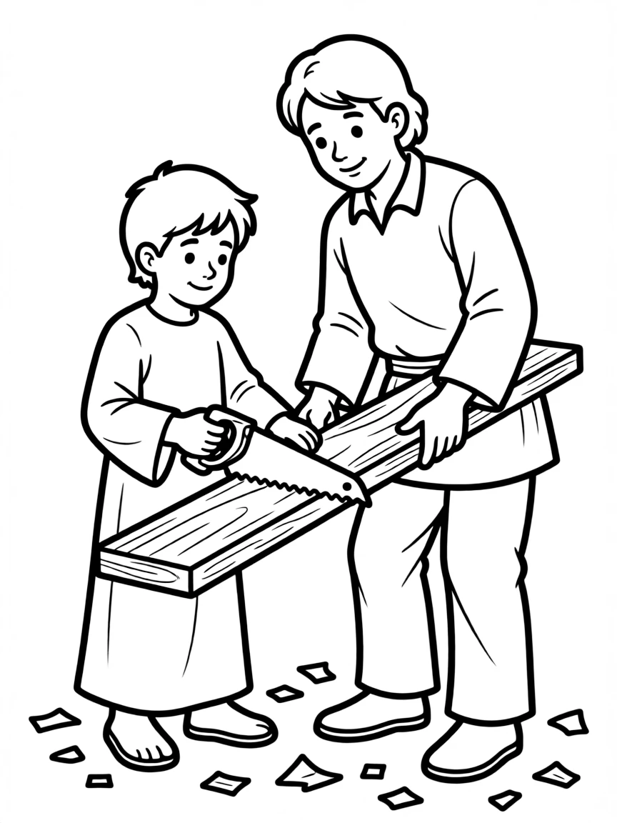 Young Jesus helping Joseph, with wood chips.