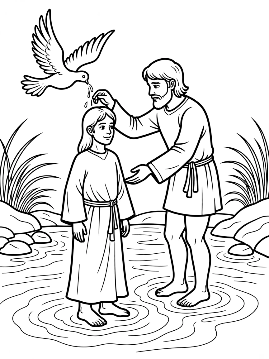 Jesus being baptized, with a flowing river.
