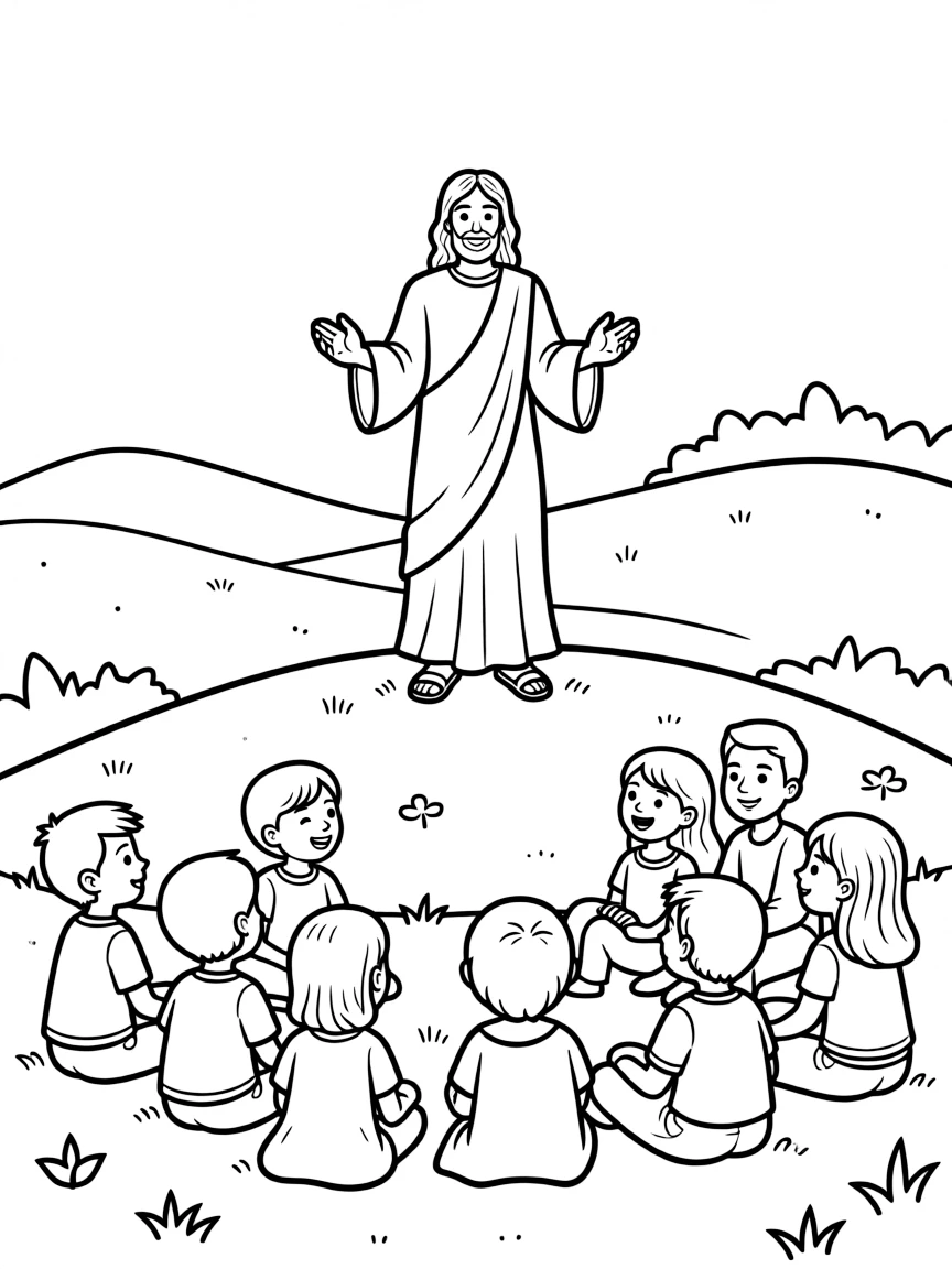 Jesus teaching on the mount, with happy listeners.