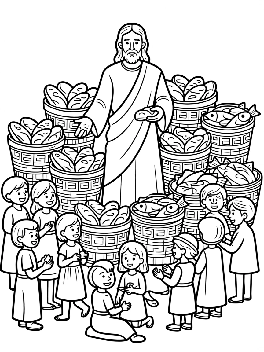 Jesus feeding thousands, with overflowing baskets.