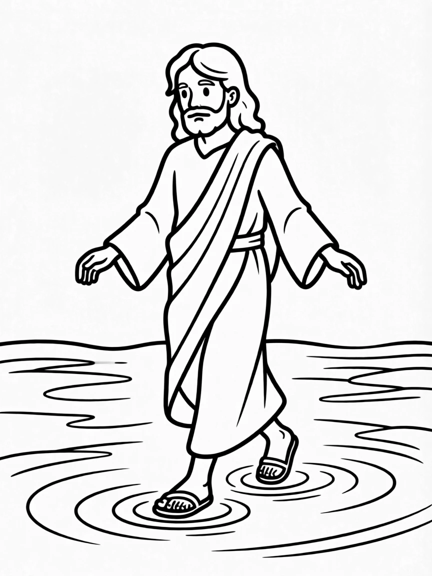 Jesus walking on water, with calm water.