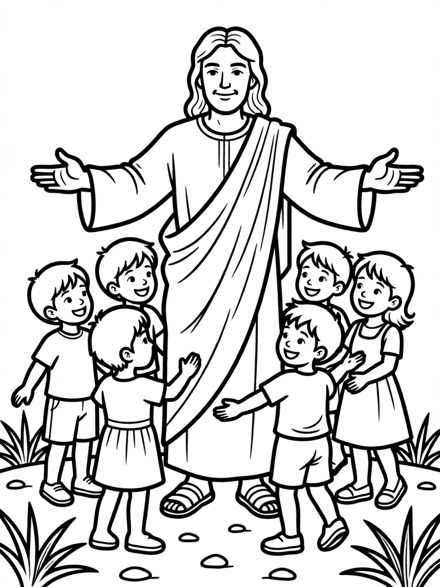 Jesus welcoming children, with happy children.