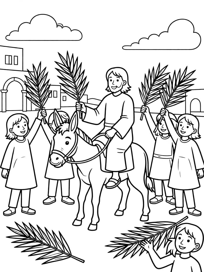 Jesus riding into Jerusalem, with palm branches.