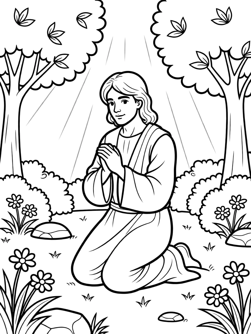 Jesus praying in the garden, with gentle light.