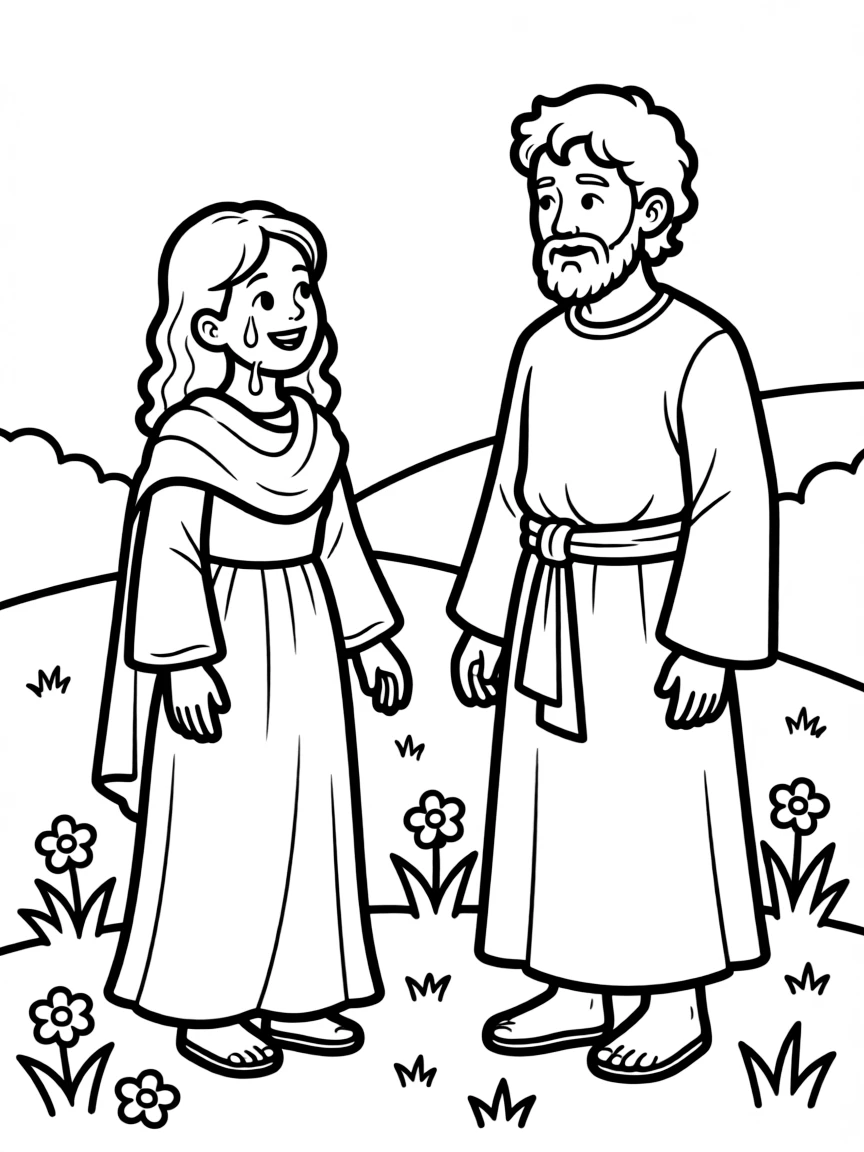 Mary Magdalene seeing Jesus, with a happy tear.