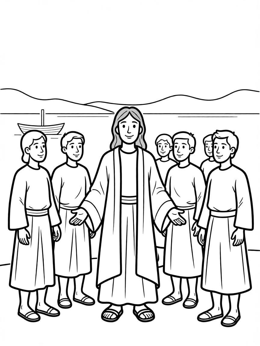 Jesus appearing to disciples, with a peaceful smile.