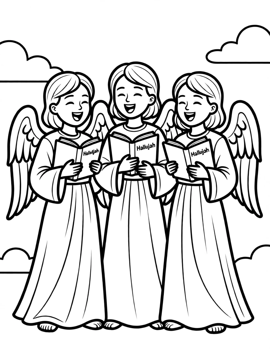 Angels singing, with joyful faces.