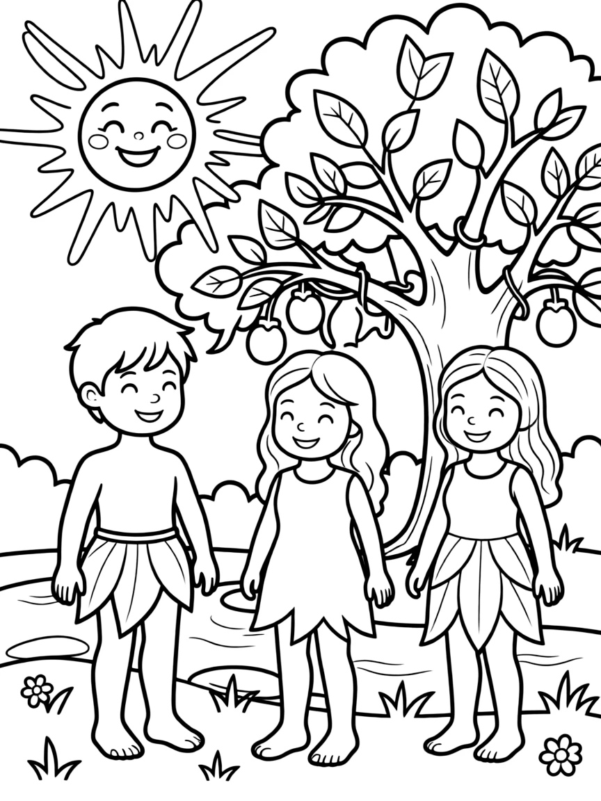 Adam and Eve in the Garden, with a happy sun.