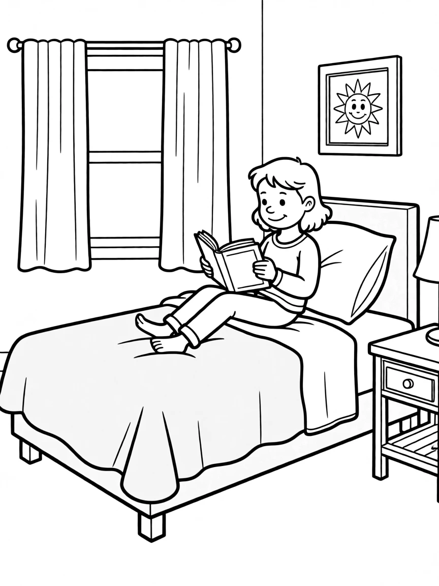 (Arthur TV series) Prunella reading a book on her bed.