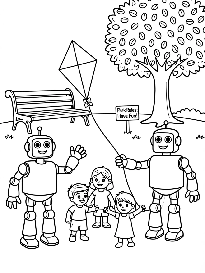(future) Robots playing in a park with kids.
