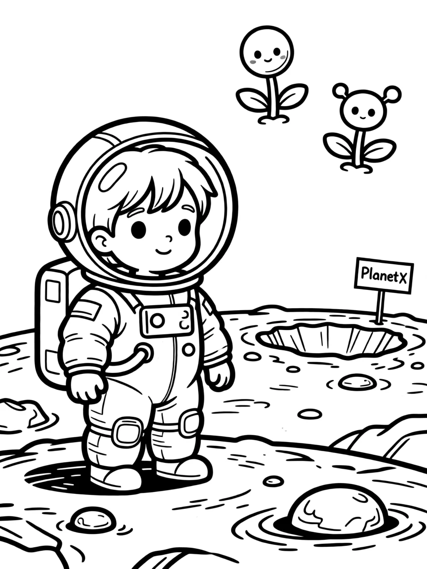 (future) A child in a space suit exploring a new planet.