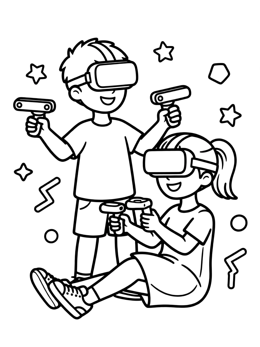(future) Kids playing a game with virtual reality goggles.