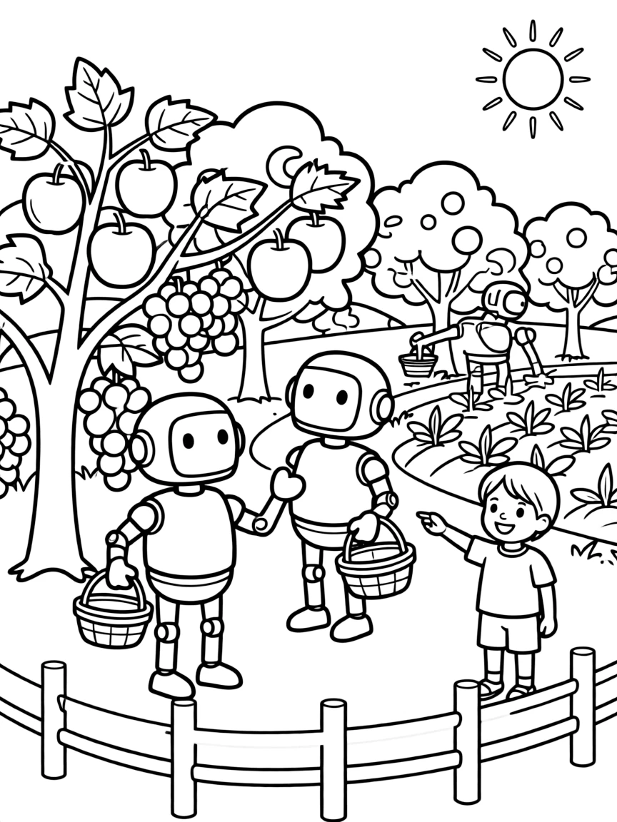 (future) A futuristic farm where robots pick fruit.
